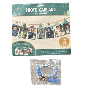 Baby boy mama bundle - first year month photos garland and bracelet keychain